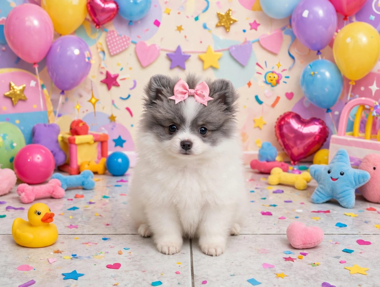 Fêmea 1, filhote de Spitz Alemão Anão branco e cinza com laço rosa, sentada
