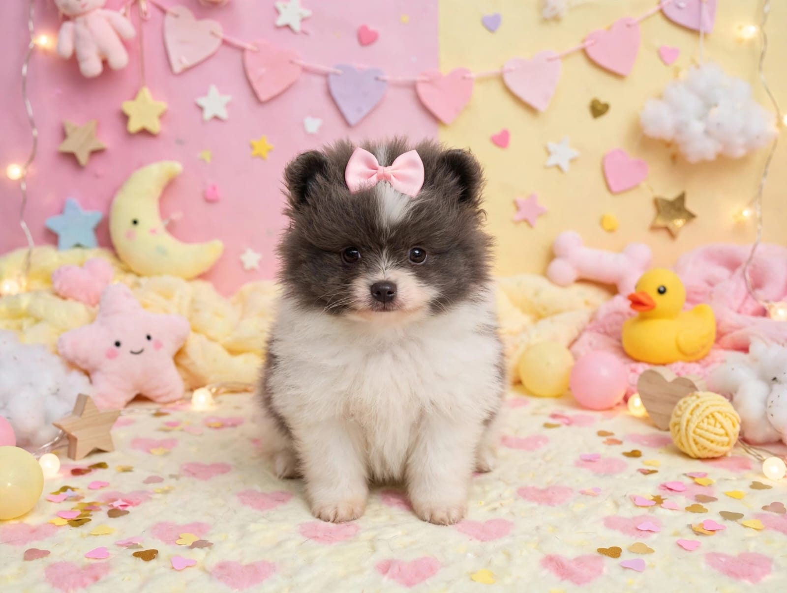 Fêmea 2, filhote de Spitz Alemão Anão branco e cinza com laço rosa, sentada