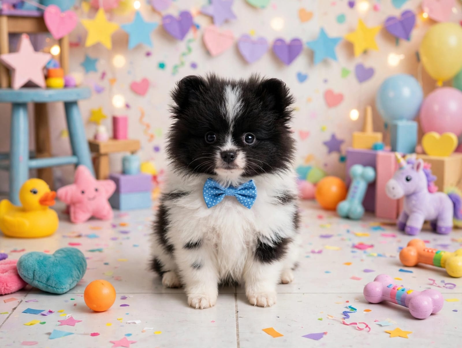 Macho de Spitz Alemão Anão preto e branco com gravata borboleta azul